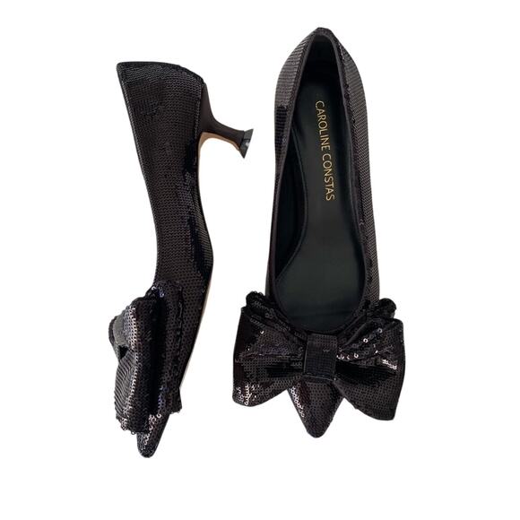 Caroline Constas Bryant Black Sequin Bow Point Toe Pumps Kitten Heels Tuckernuck - Picture 1 of 8